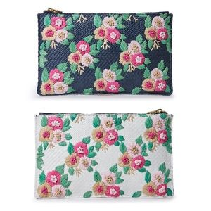 Lele Sadoughi Midnight Bouquet Floral Straw Embroidery Large Pouch Clutch Purse